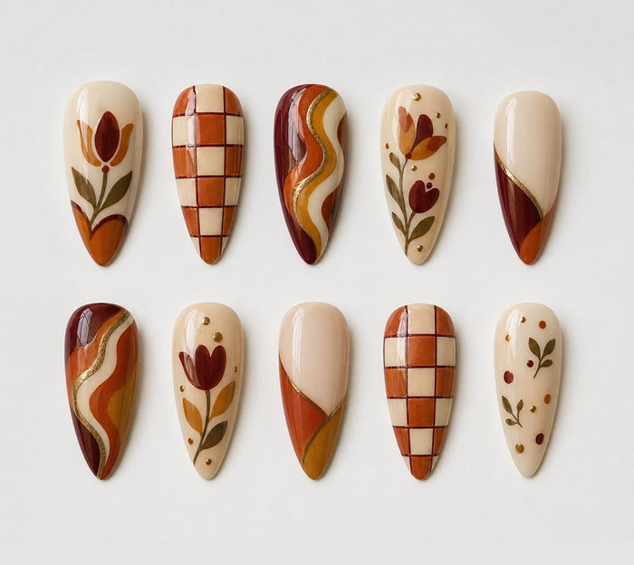 Autumn Floral, Burnt Orange Checkerboard Thanksgiving Press On Nails