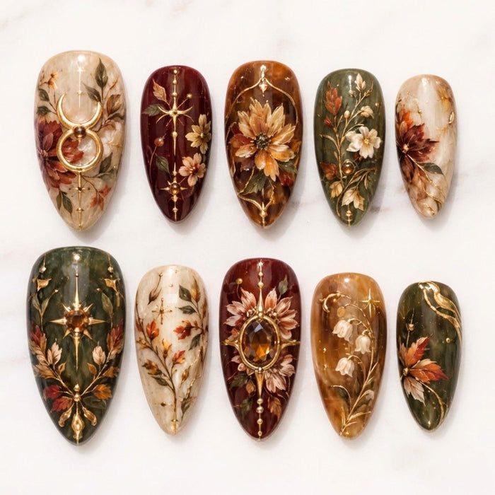 Autumn Floral Celestial Press-On Nails in Burgundy, Forest Green, Amber & Ivory
