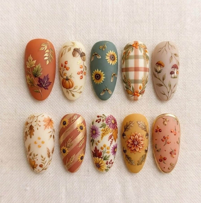 Autumn Floral Press On Nail Set With Pumpkins, Berries, Leaves, and Plaid