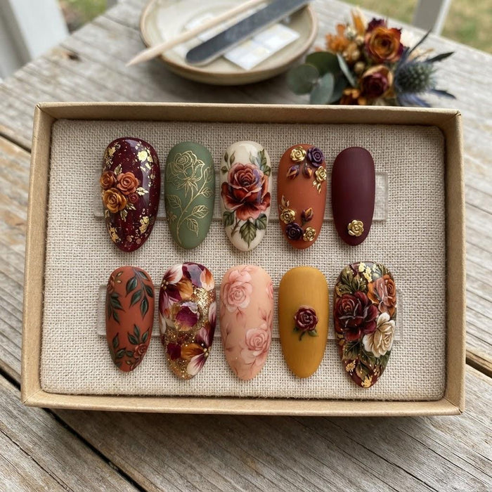 Autumn Floral Press-On Nail Set With Gold Accents and Raised Flowers
