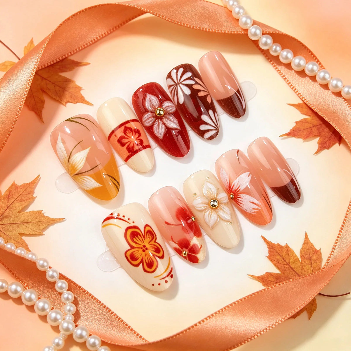 Autumn Floral Press On Nails in Orange, Cream, Peach, and Burgundy