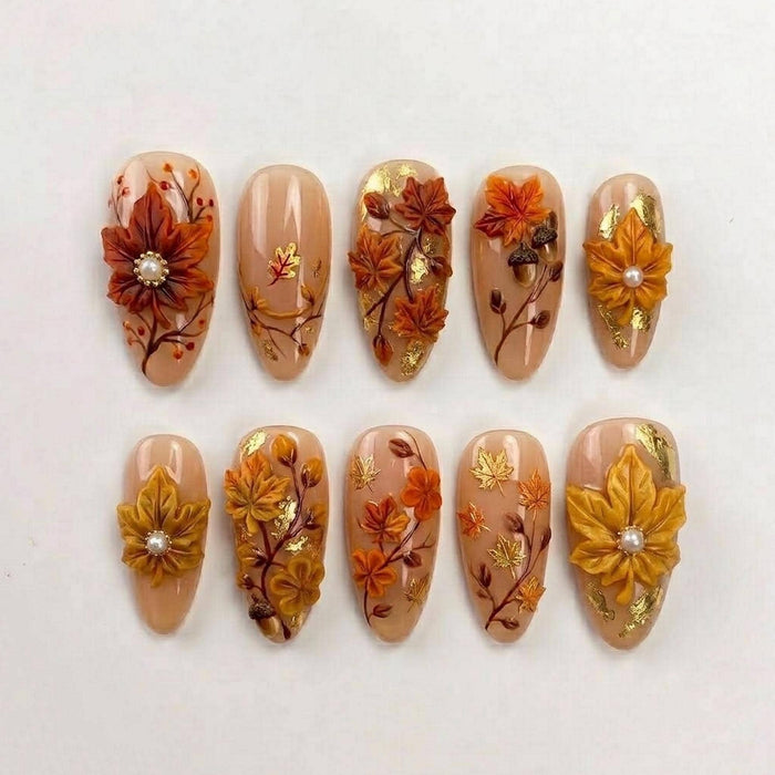 Autumn Floral Press On Nails with 3D Flowers and Gold Foil