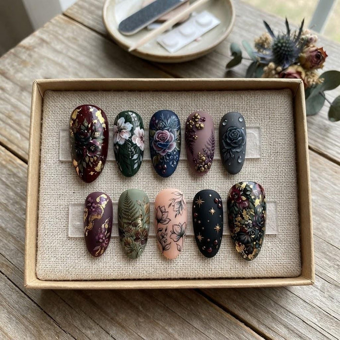 Autumn Floral Press On Nails With Burgundy Roses, Foliage, Gold Accents and Star Details