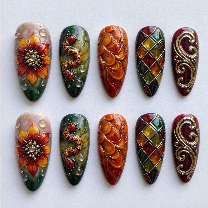 Autumn Floral Press-On Nails With Ladybugs, Amber Leaves and Gold Scrollwork