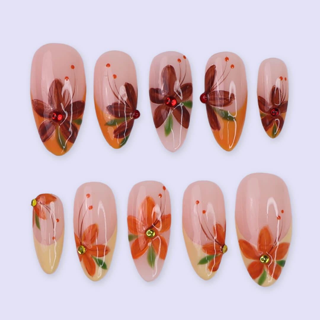 Autumn Floral Press On Nails with Orange and Brown Flowers and Rhinestone Centers
