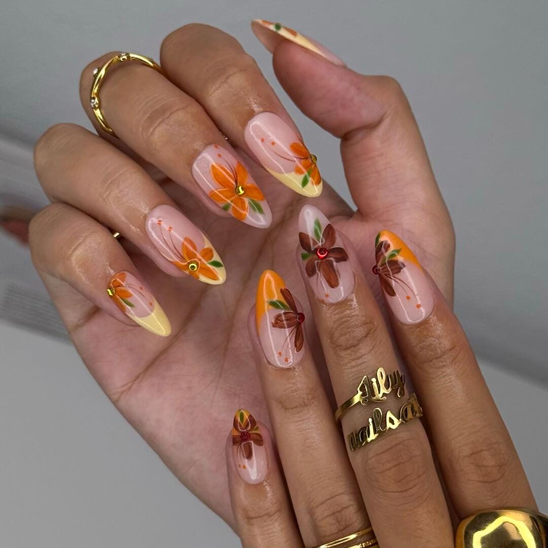 Autumn Floral Press On Nails with Orange and Brown Flowers and Rhinestone Centers