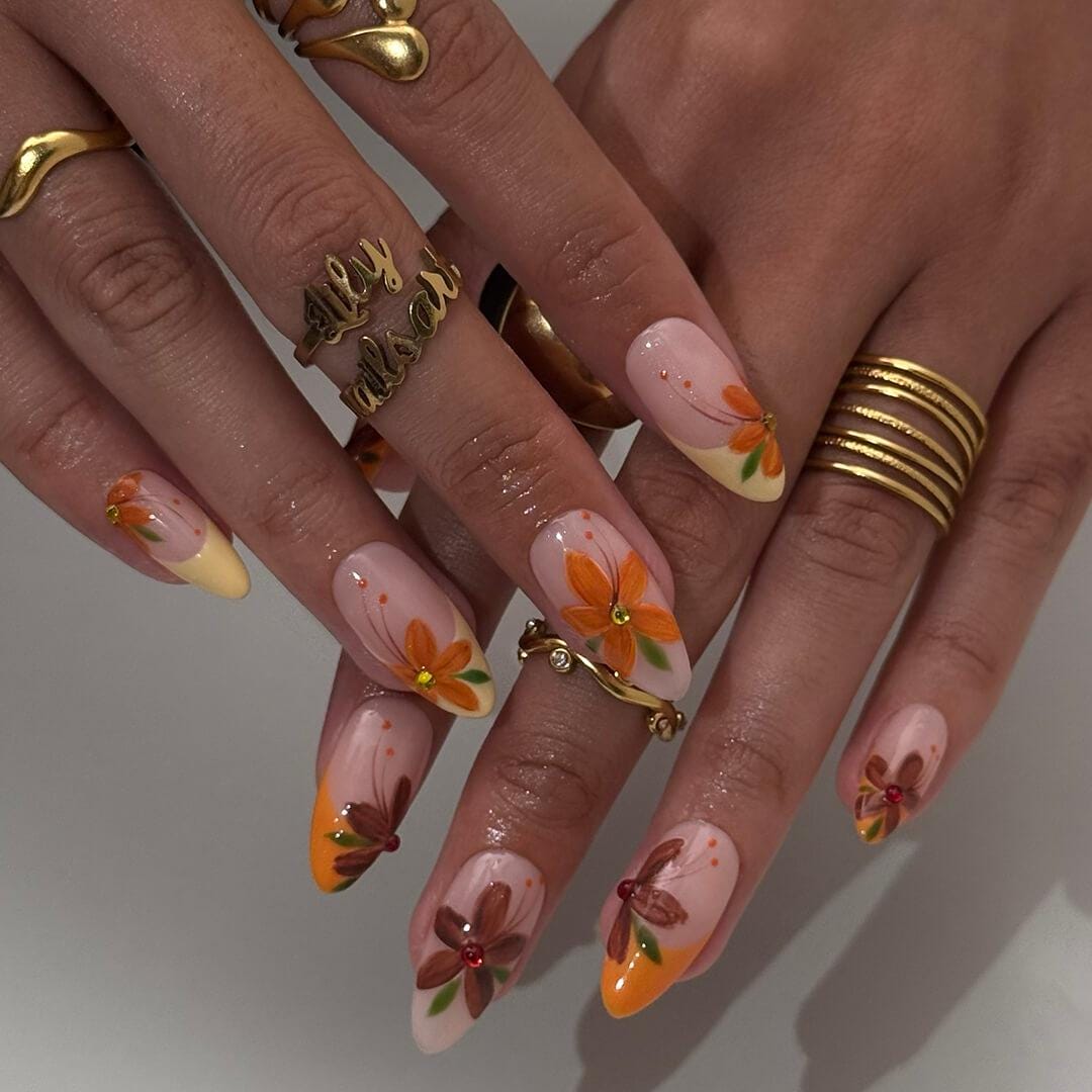 Autumn Floral Press On Nails with Orange and Brown Flowers and Rhinestone Centers