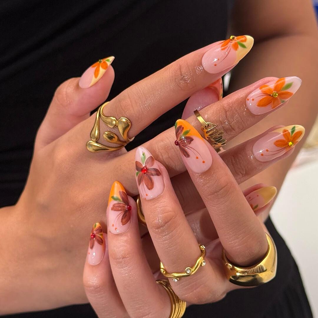 Autumn Floral Press On Nails with Orange and Brown Flowers and Rhinestone Centers