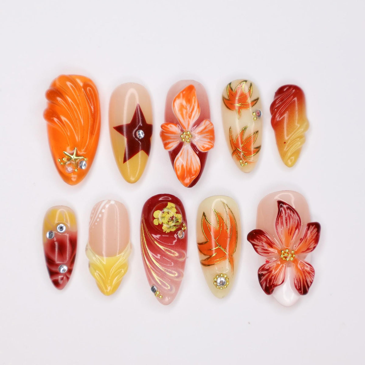 Autumn Floral Press On Nails with Painted Leaves, Flame Accents and Rhinestones