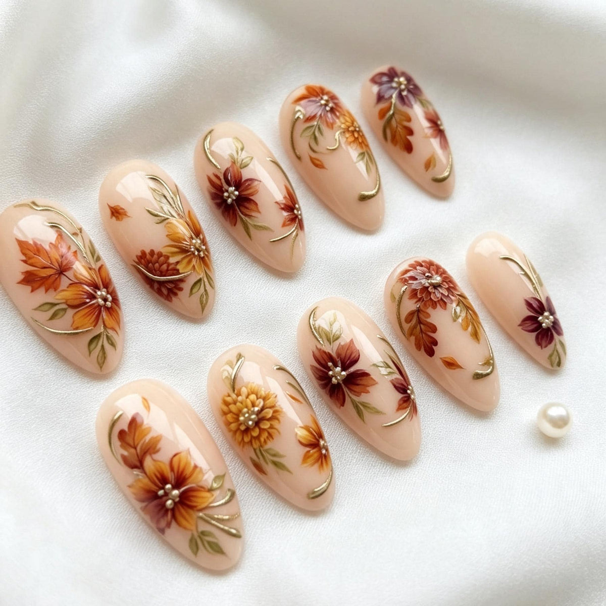 Autumn Floral Press-On Nails with Raised Flowers, Pearl Centers and Gold Accents
