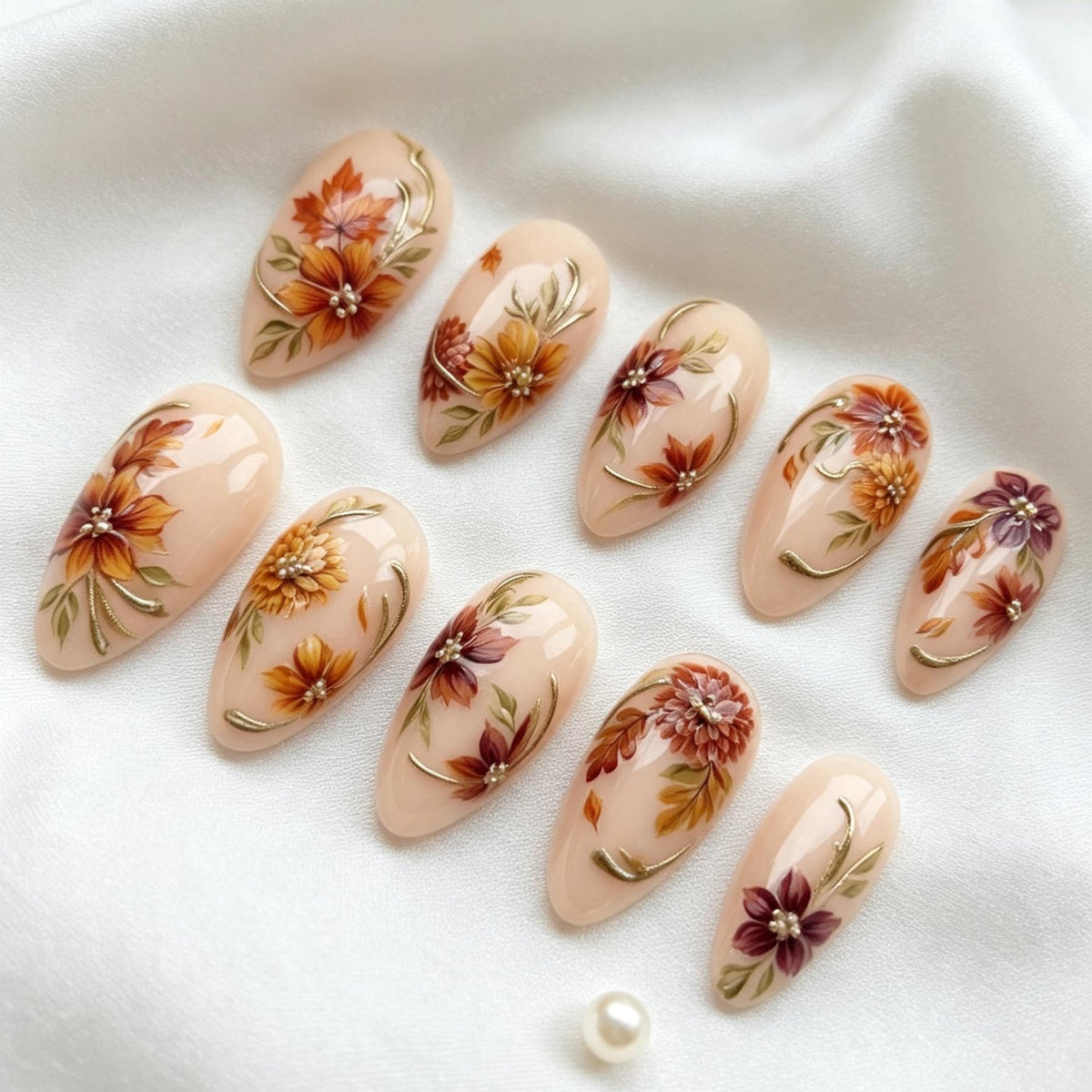 Autumn Floral Press-On Nails with Raised Flowers, Pearl Centers and Gold Accents