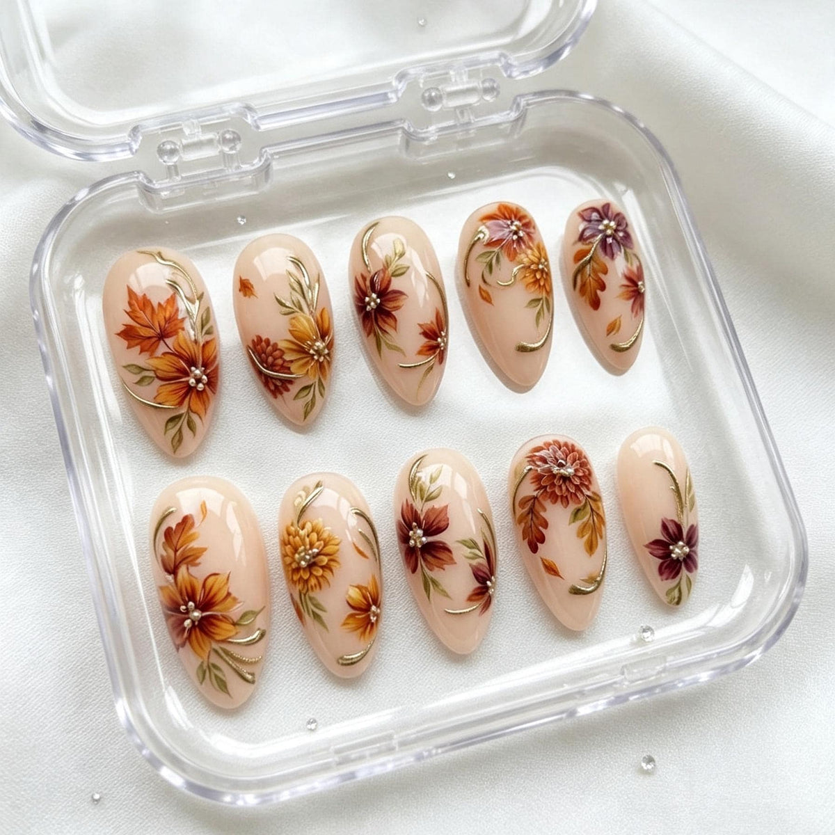 Autumn Floral Press-On Nails with Raised Flowers, Pearl Centers and Gold Accents