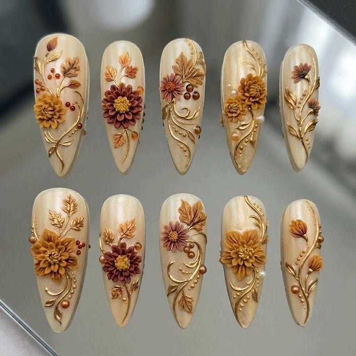 Autumn Floral Press On Nails With Sculpted Flowers and Gold Swirls