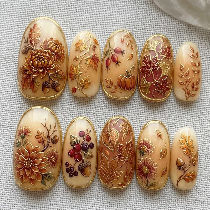 Autumn Floral Pumpkin and Maple Leaf Press On Nail Set