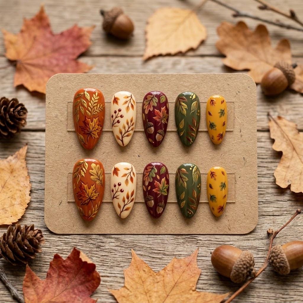 Autumn Foliage Press On Nails in Rust, Burgundy, Olive, and Cream