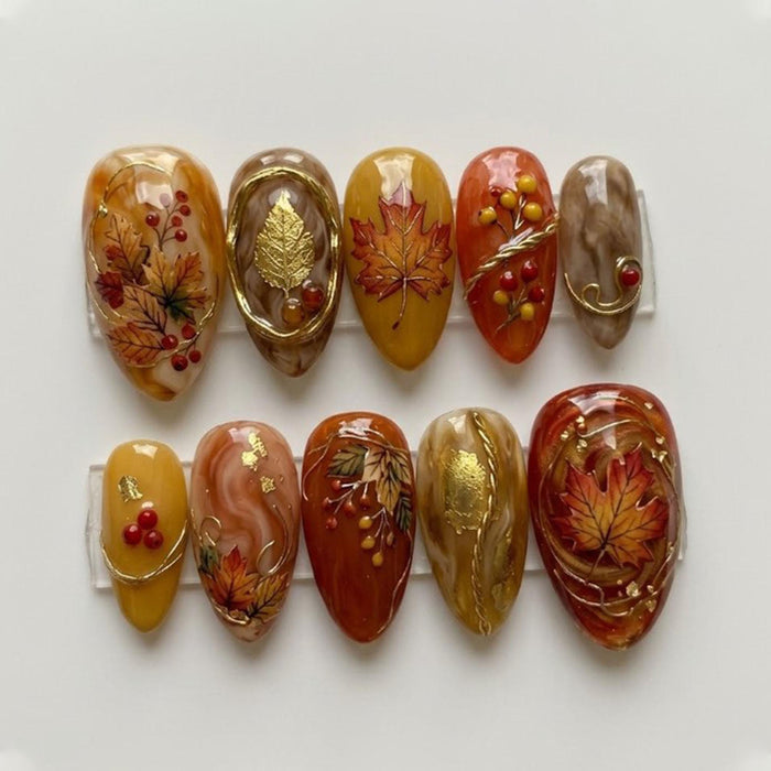 Autumn Foliage Press-On Nails With 3D Leaves, Berry Details & Gold Foil