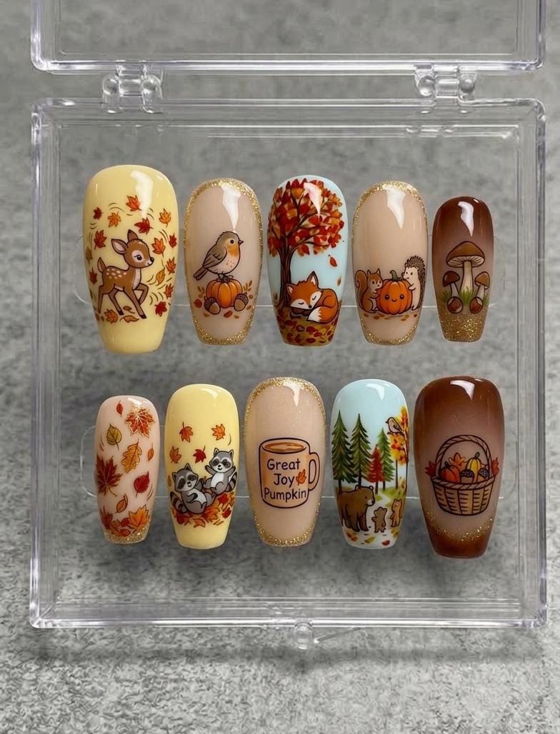 Autumn Forest Animal Nails With Pumpkins, Mushrooms, and Gold Edging