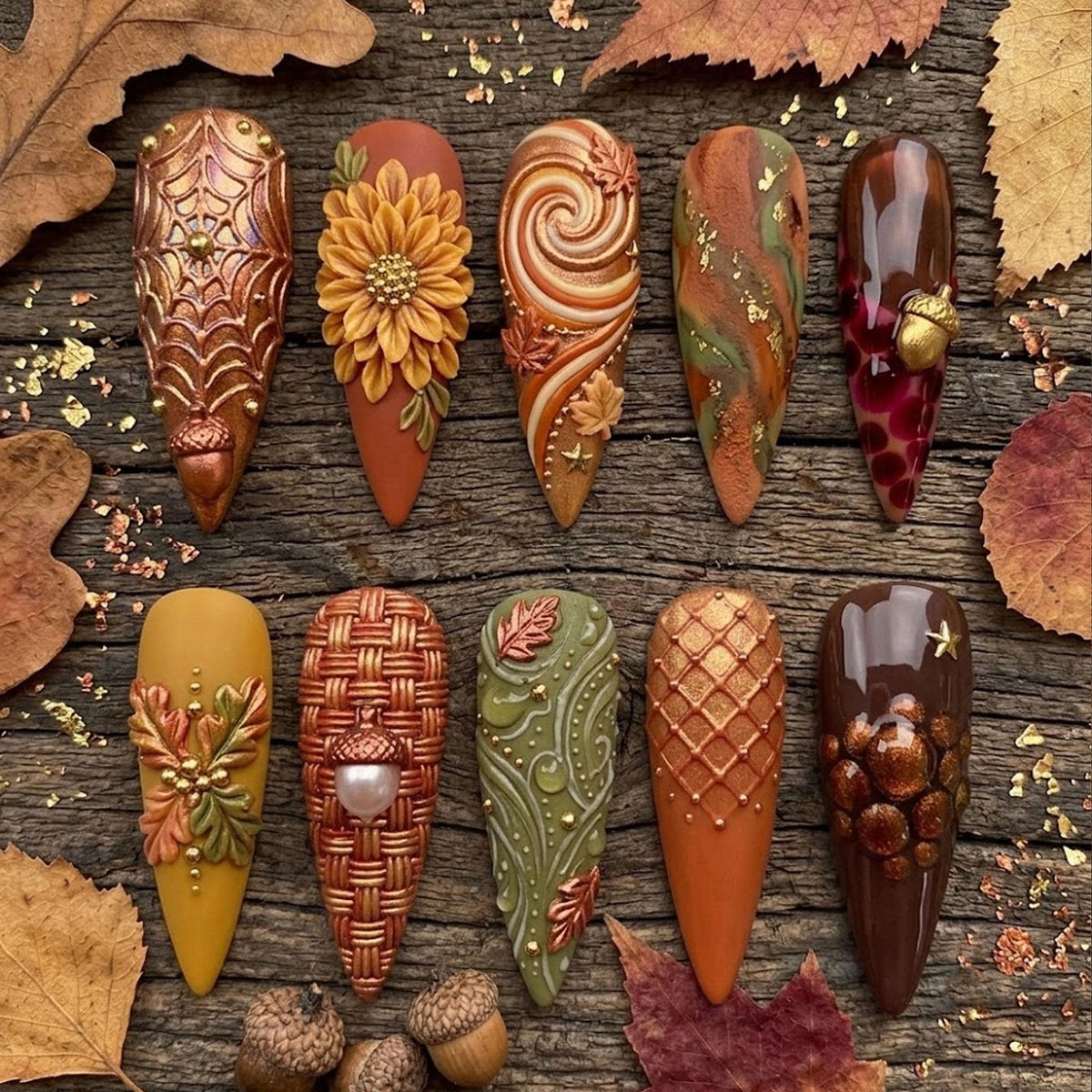 Autumn Forest Press-On Nails With 3D Leaves, Flowers, Acorns, and Woven Details