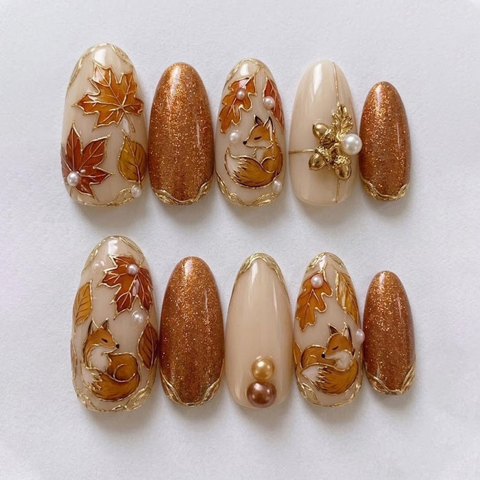 Autumn Fox and Fall Leaf Press-On Nails with Gold Details and Pearls