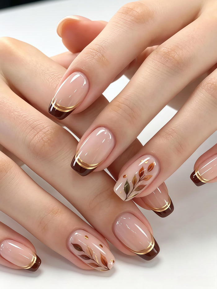 Autumn French Tip Press On Nail Set with Brown Tips, Gold Lines and Leafy Accents