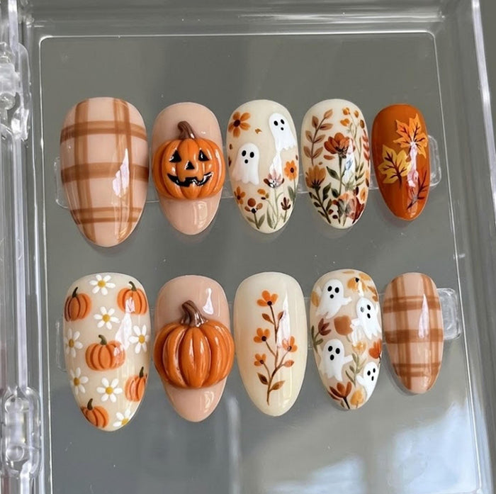 Autumn Ghost and Pumpkin Press On Nails with Plaid and Floral Details