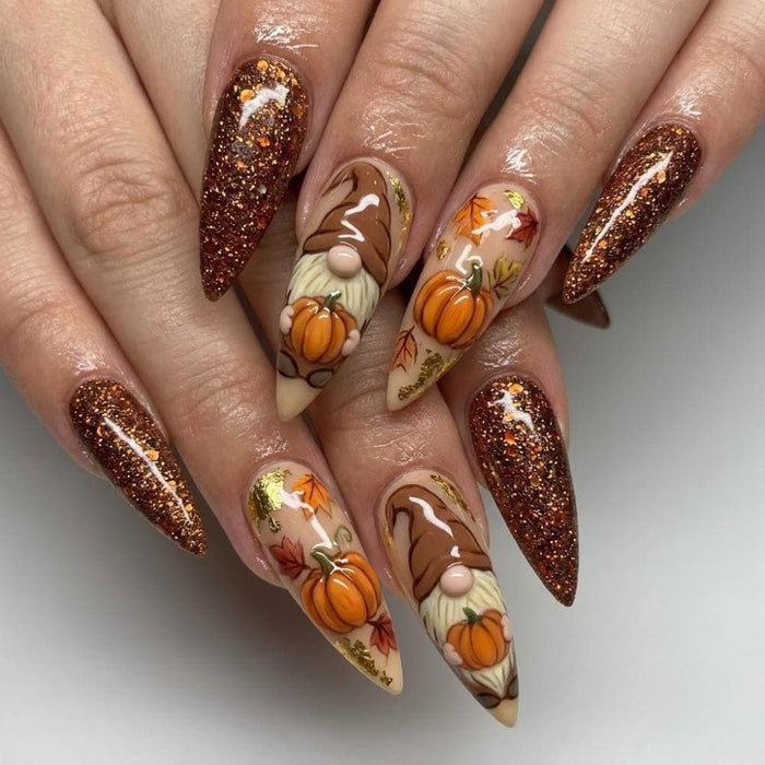 Autumn Gnome and Pumpkin Press On Nails With Copper Glitter