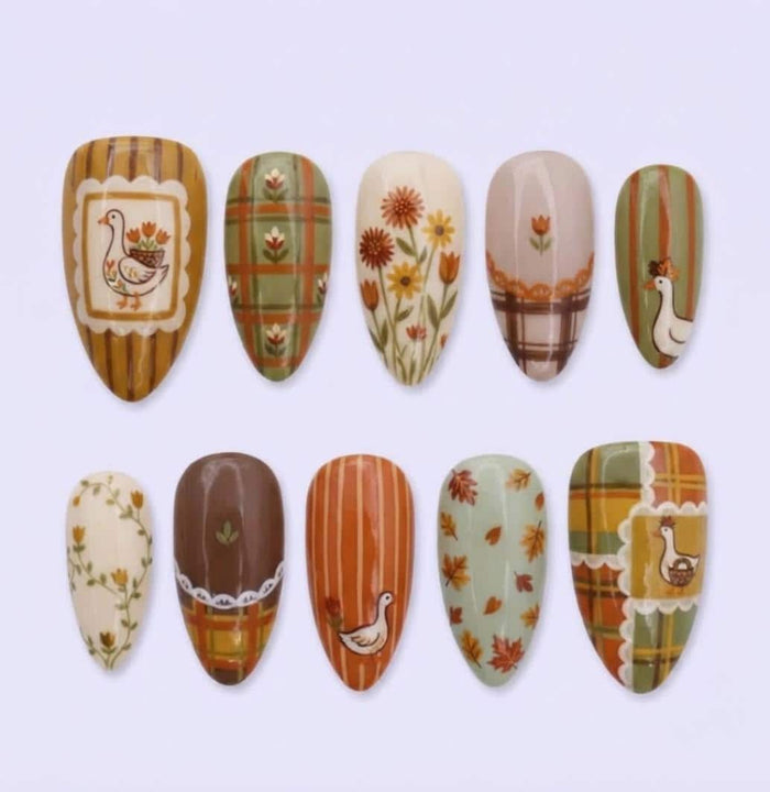 Autumn Goose Press On Nails With Plaid, Stripes, Flowers and Leaves