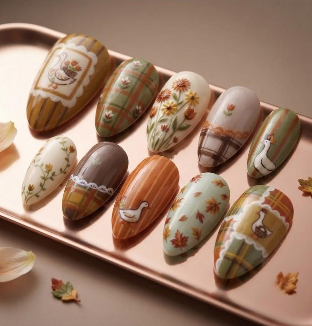 Autumn Goose Press On Nails With Plaid, Stripes, Flowers and Leaves
