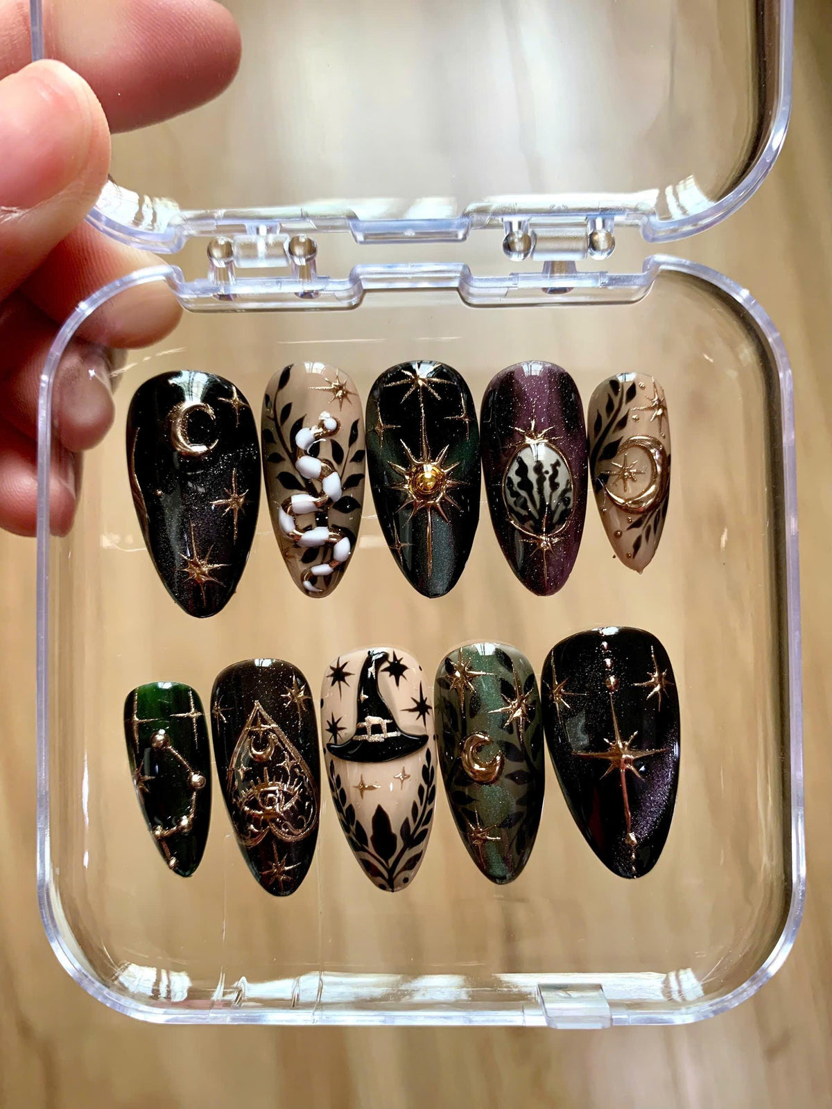 Autumn Gothic Celestial Moon and Snake Nail Set in Black, Green, Taupe and Purple