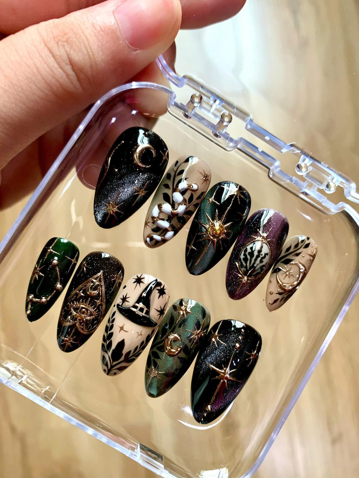 Autumn Gothic Celestial Moon and Snake Nail Set in Black, Green, Taupe and Purple