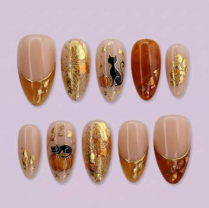 Autumn Halloween Press On Nails With Amber French Tips, Black Cats, Pumpkins & Gold Foil