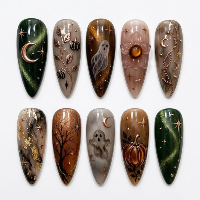 Autumn Halloween Press On Nails with Copper Ghosts, Pumpkins, Cat Eye, Moons and Stars