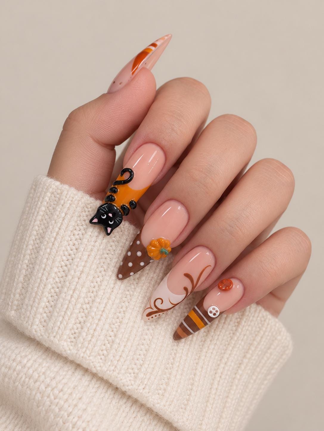 Autumn Halloween Press On Nails With 3D Black Cat and Pumpkin Details
