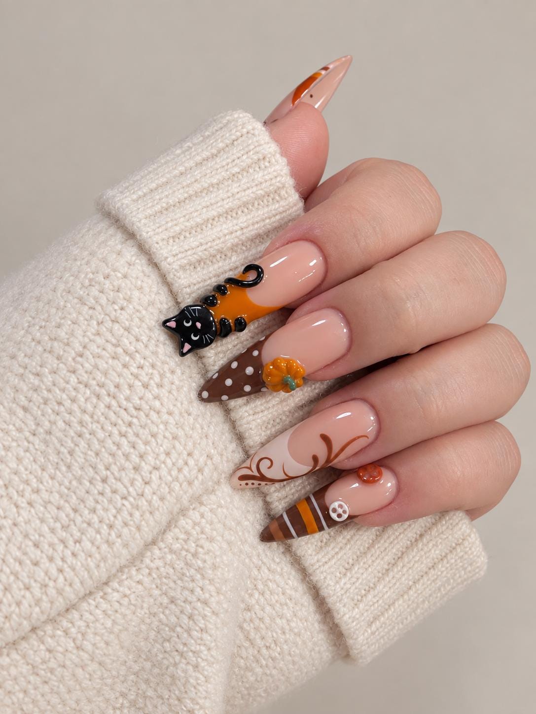 Autumn Halloween Press On Nails With 3D Black Cat and Pumpkin Details