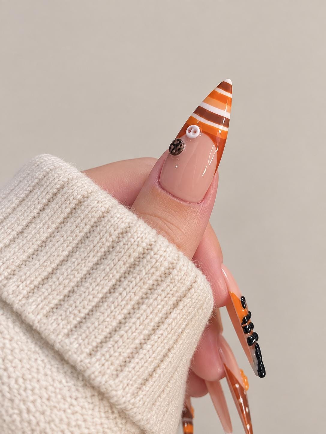 Autumn Halloween Press On Nails With 3D Black Cat and Pumpkin Details