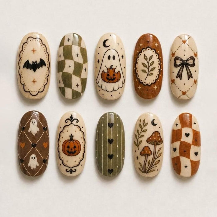 Autumn Halloween Press-On Nails with Bats, Ghosts, Pumpkins, Mushrooms and Plaid