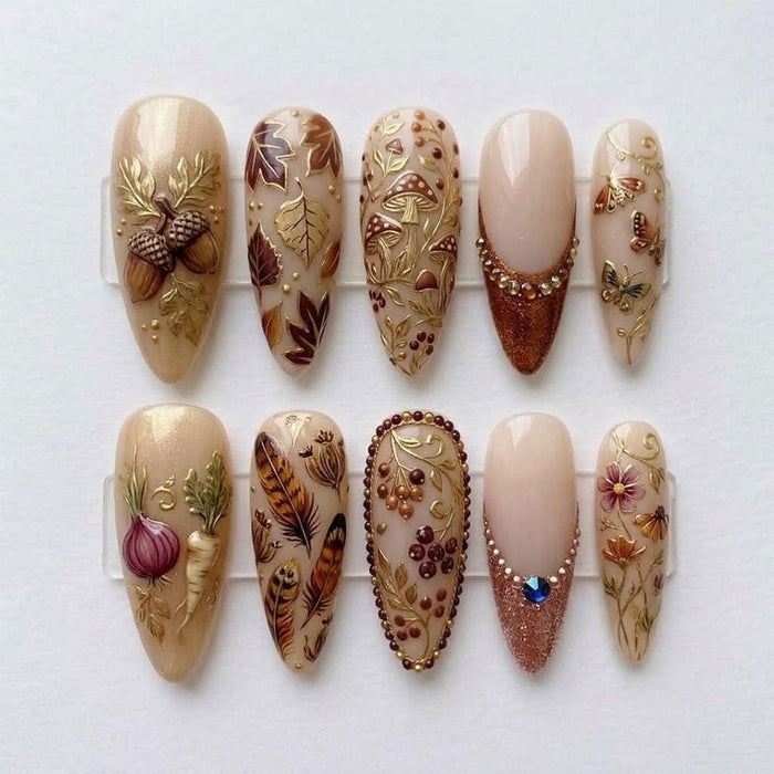 Autumn Harvest Botanical Press-On Nails With Gold Details and Brown Glitter French Tips
