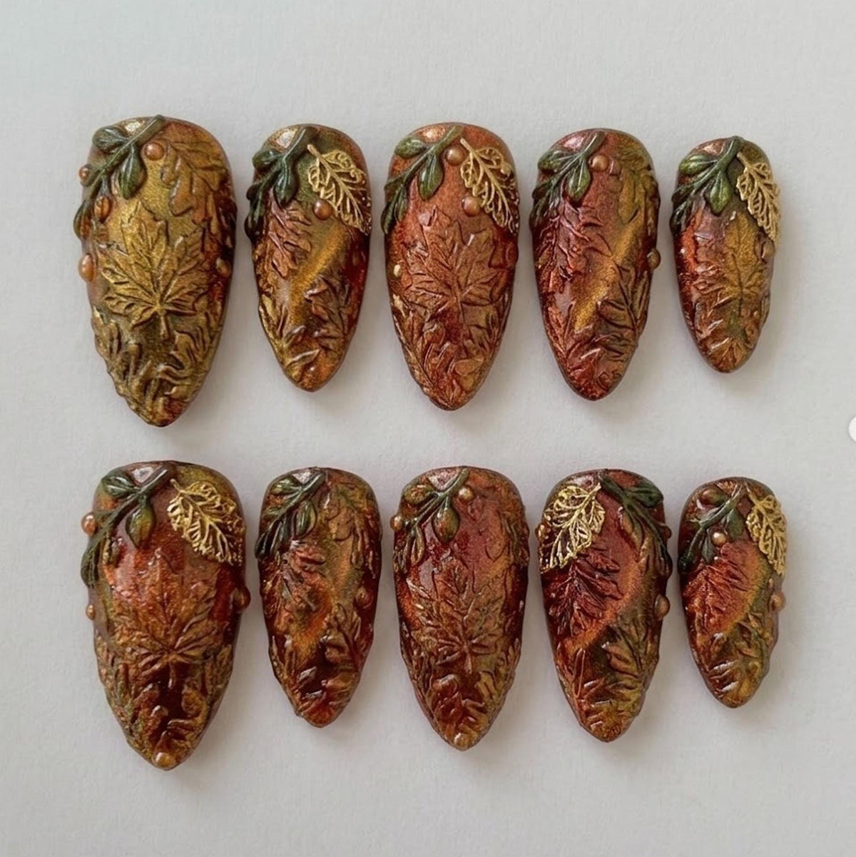 Autumn Harvest Copper and Rust 3D Woodland Leaf Press On Nails