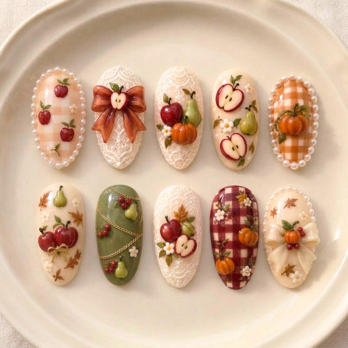Autumn Harvest Fruit Press On Nails with 3D Apples, Pears, Pumpkins, Plaid and Bows