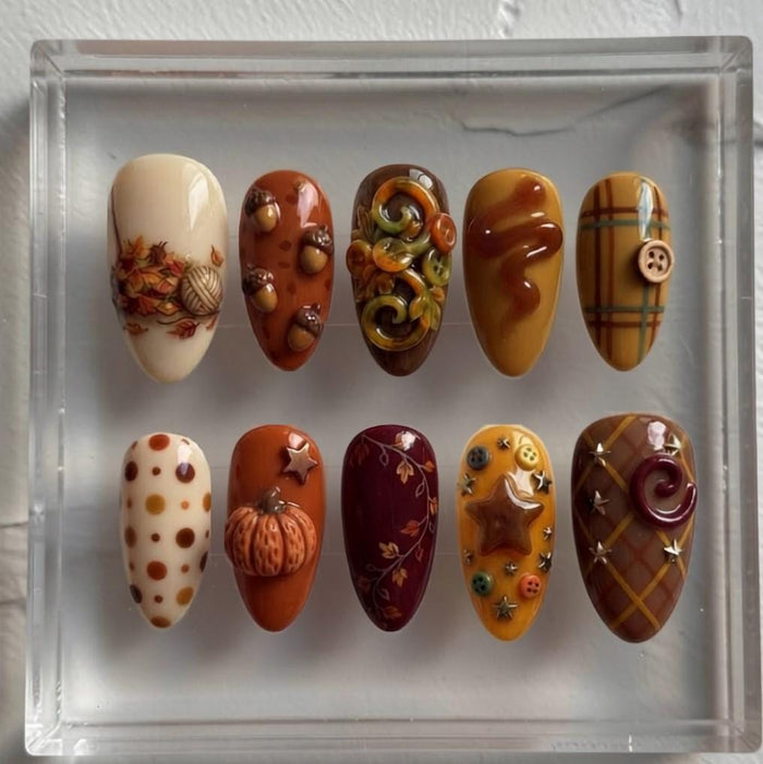 Autumn Harvest Press On Nail Set With 3D Pumpkin, Acorn, Plaid, and Botanical Details
