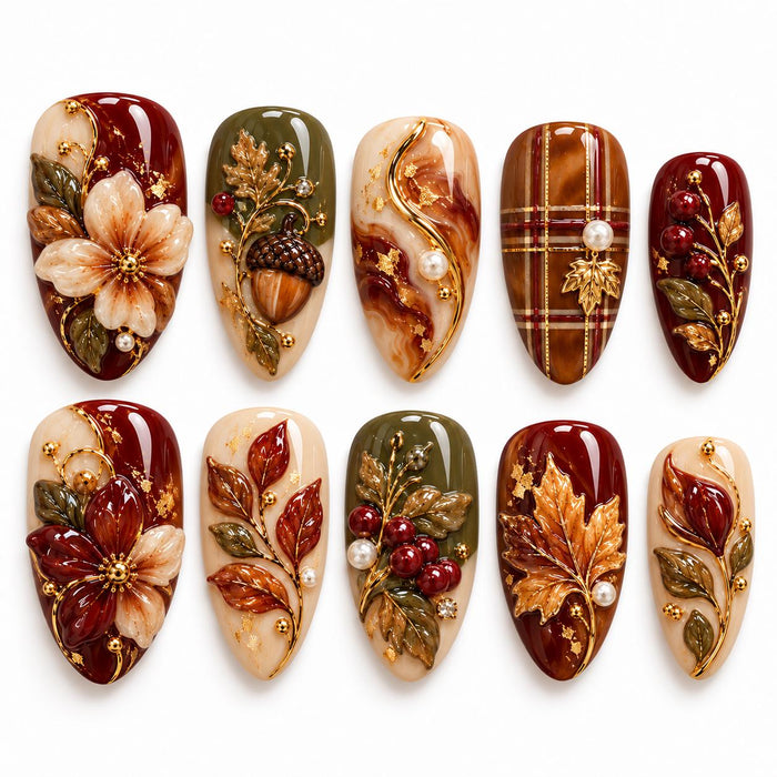 Autumn Harvest Press On Nail Set With Burgundy Leaves, Acorns, Plaid, and Gold Details