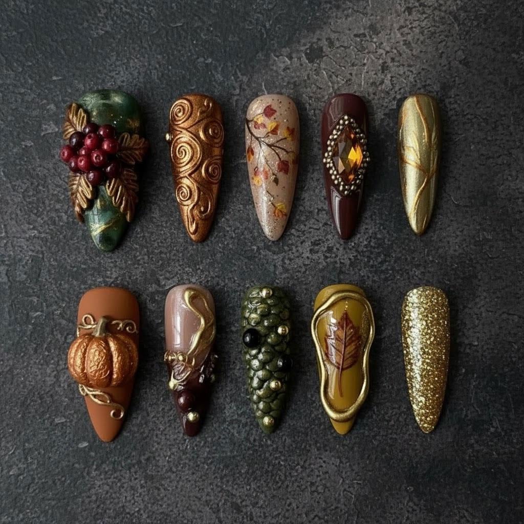 Autumn Harvest Nail Set with Sculpted Pumpkin, Berries, Leaves, and Gold Details
