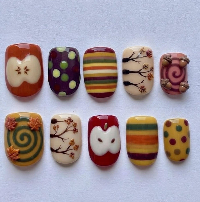 Autumn Harvest Press On Nails With Apple Cores, Acorns, Leaves, Stripes and Polka Dots