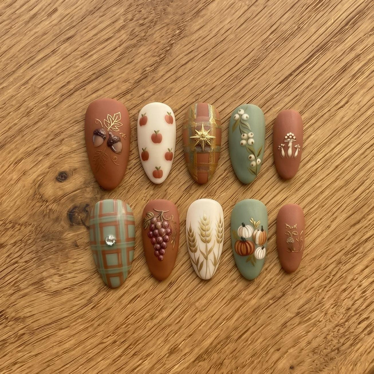 Autumn Harvest Nails With Pumpkins, Grapes, Wheat and Plaid