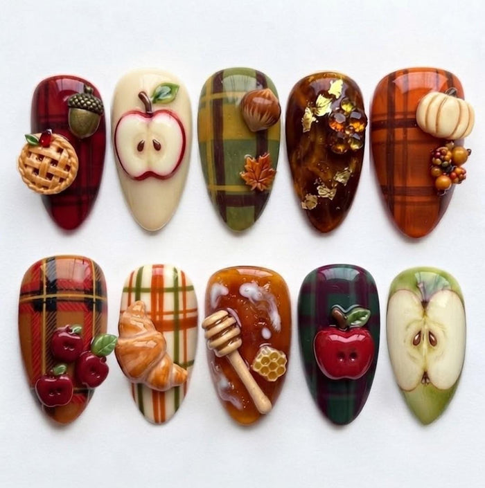 Autumn Harvest Plaid Press On Nails With 3D Apples, Pie and Honey