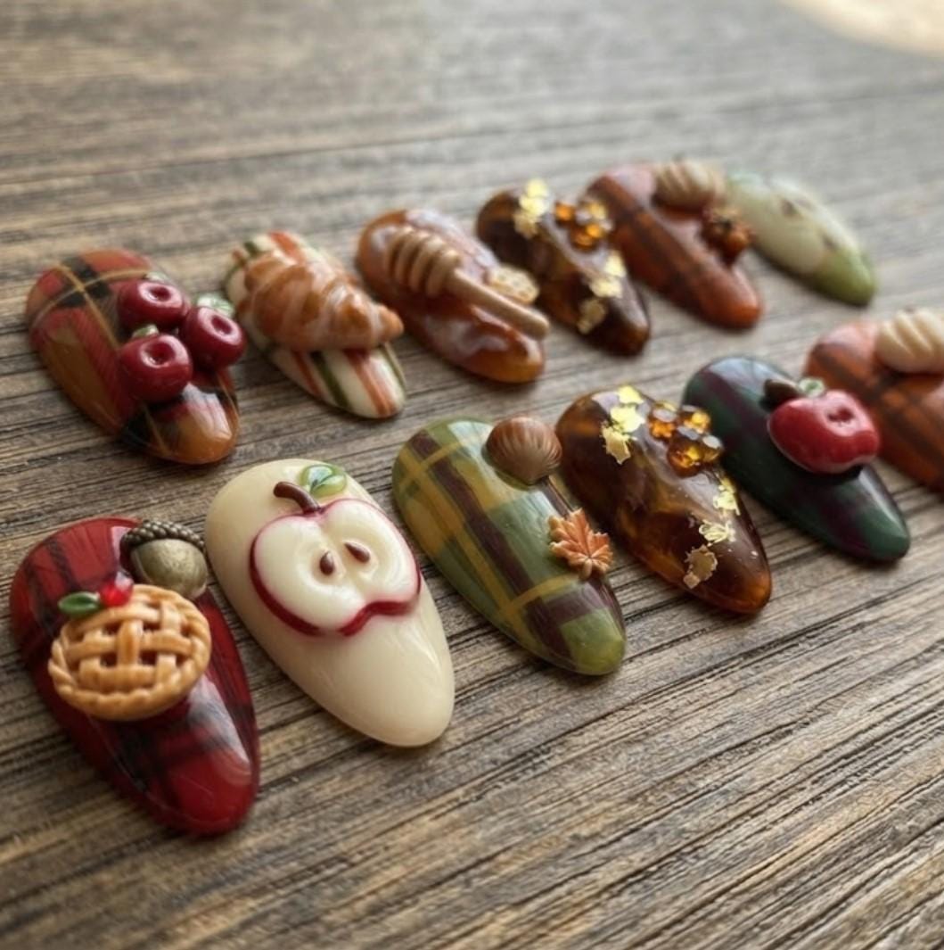Autumn Harvest Plaid Press On Nails With 3D Apples, Pie and Honey