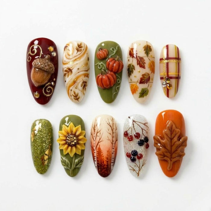 Autumn Harvest Press-On Nail Set With 3D Acorns, Pumpkins, Sunflower, and Tartan
