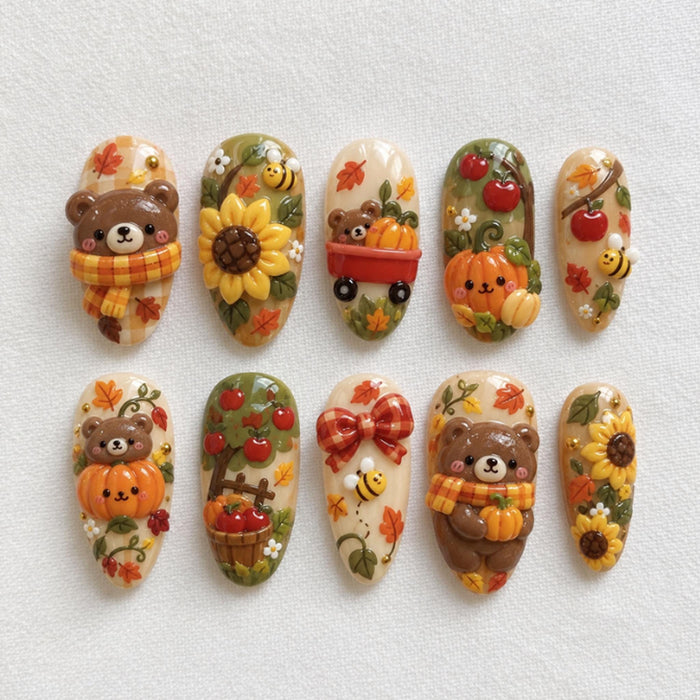 Autumn Harvest Press On Nails With 3D Bears, Pumpkins, Sunflowers and Bees
