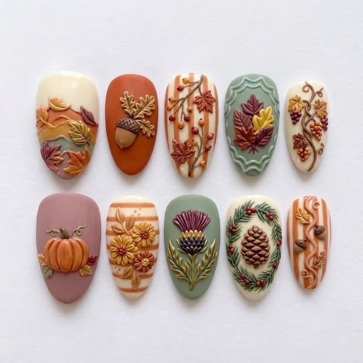 Autumn Harvest Press On Nails With 3D Pumpkins, Maple Leaves, Acorns and Pinecones