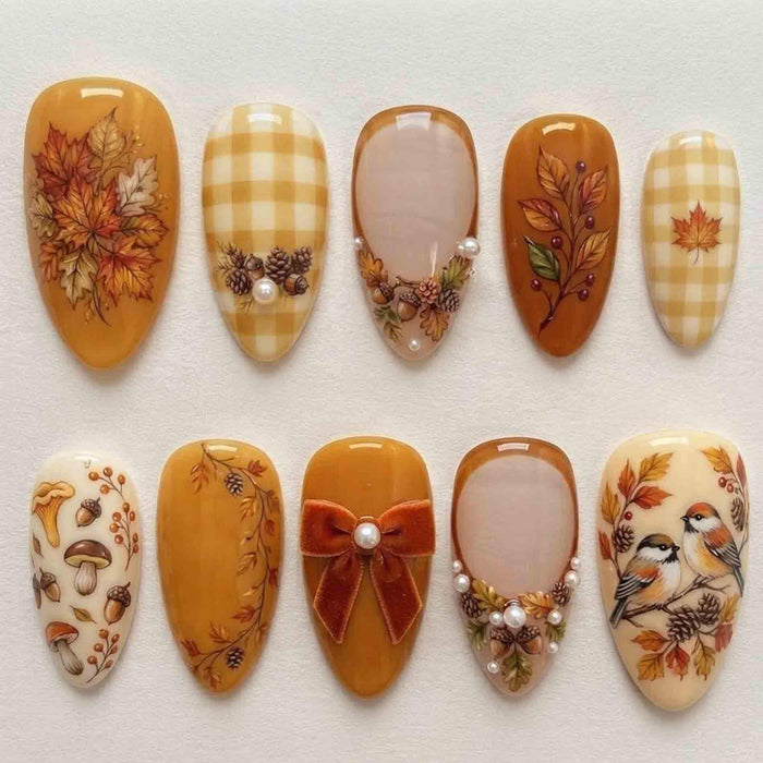 Autumn Harvest Press On Nails With Birds, Mushrooms, Acorns & Velvet Bow